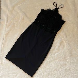 Classic halter LBD with lace detail